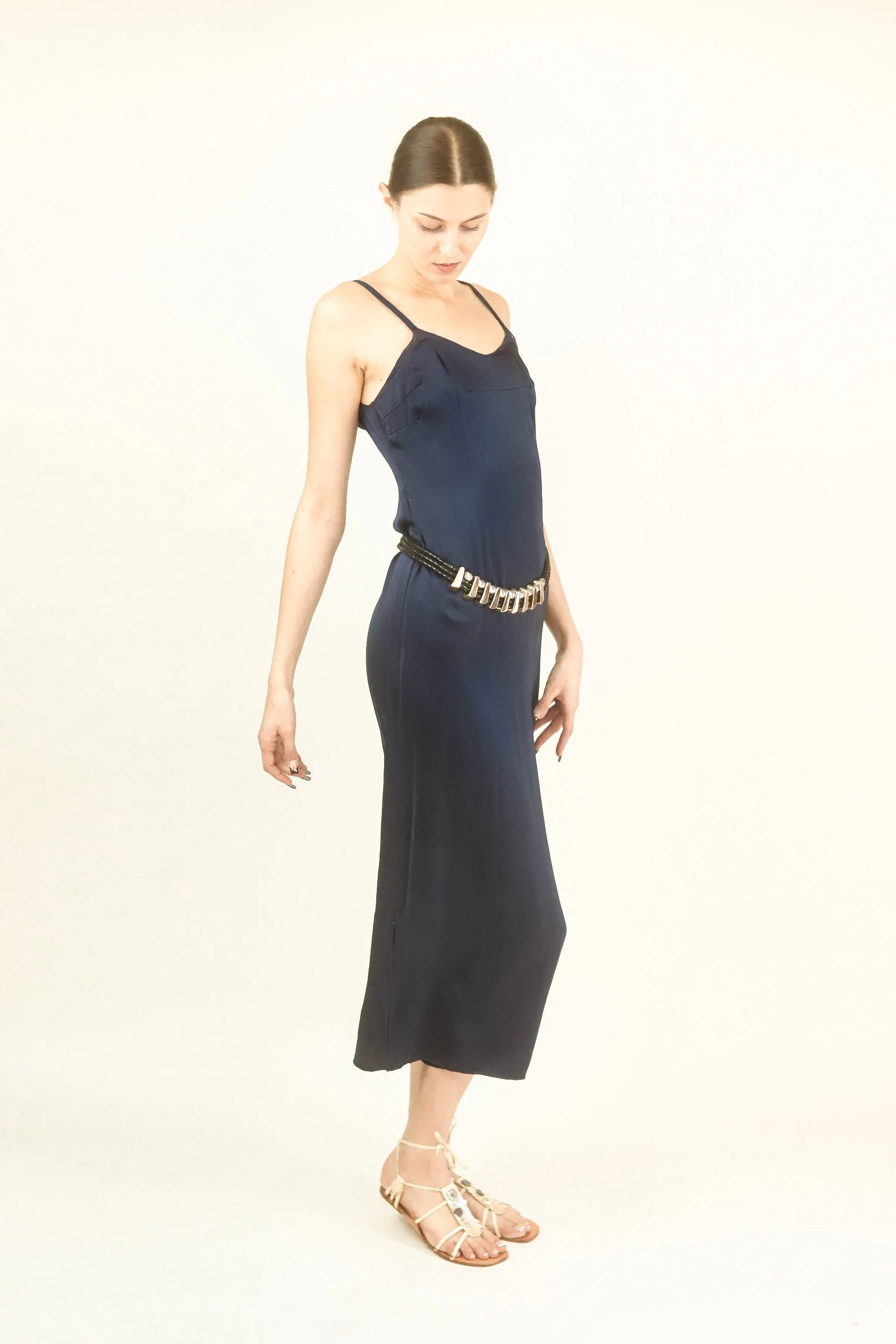 Navy Satin Slip Dress