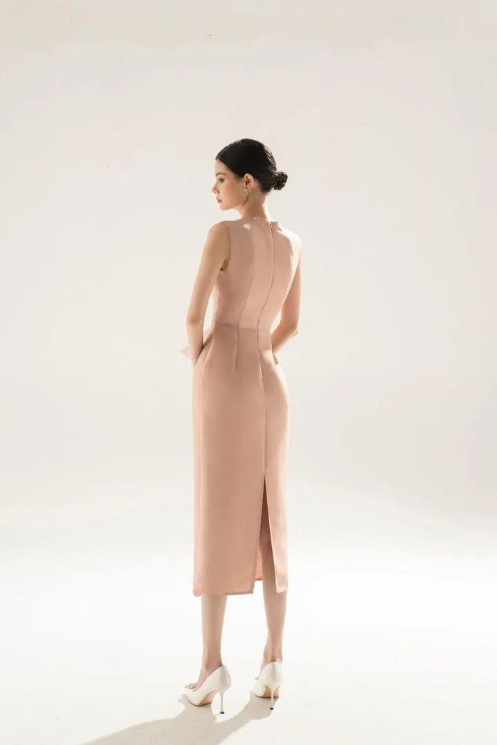 Nude Pink taffeta 3d texture bow dress-ELLE