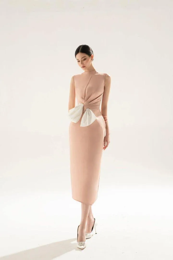 Nude Pink taffeta 3d texture bow dress-ELLE