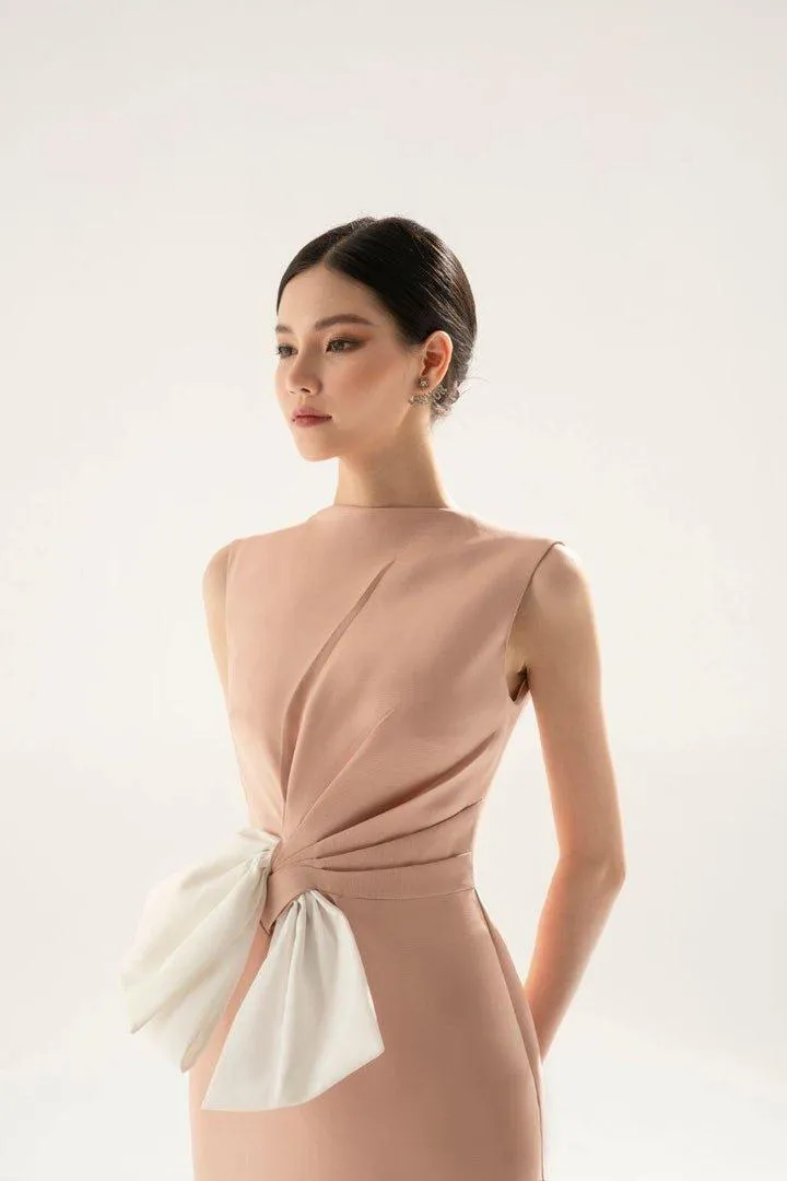 Nude Pink taffeta 3d texture bow dress-ELLE