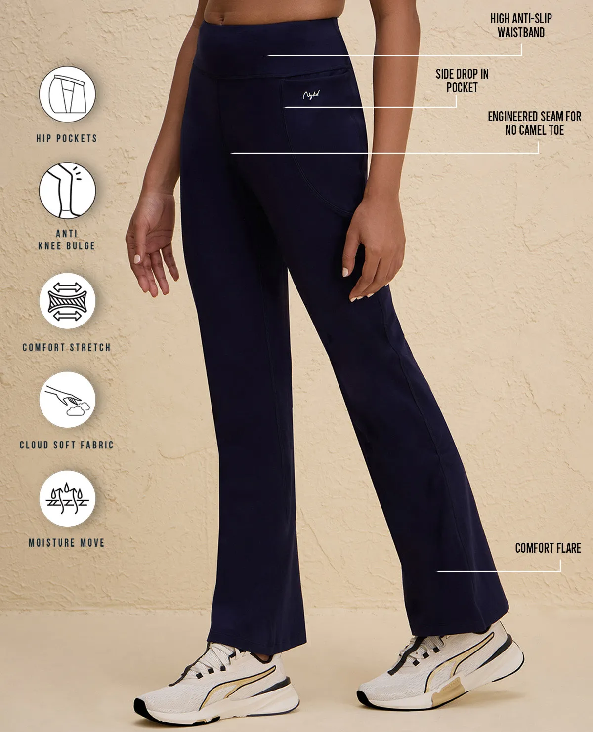 Nykd By Nykaa Iconic Cotton Flare Leggings with Pockets-NYAT503-Navy