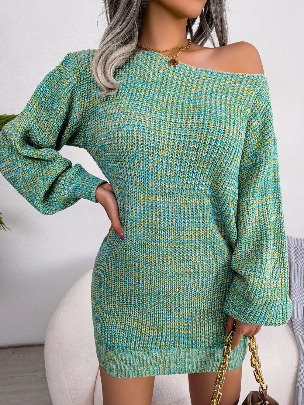 Off-Shoulder Lantern Sleeve Sweater Dress