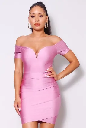 Off Shoulder V Front Gathered Bodycon Mini Dress