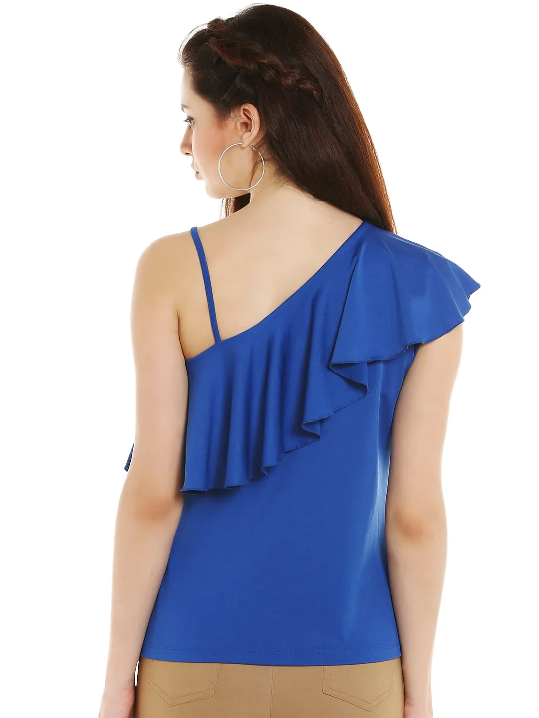 One Shoulder Blue Solid Top