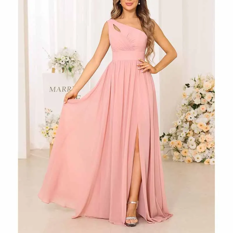 One Shoulder Bridesmaid Dresses Long A-line Pleated Chiffon Formal Dresses