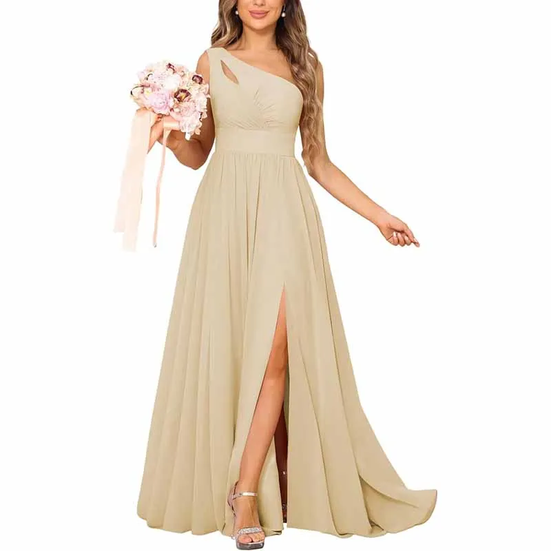 One Shoulder Bridesmaid Dresses Long A-line Pleated Chiffon Formal Dresses