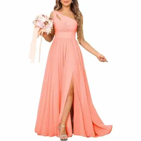 One Shoulder Bridesmaid Dresses Long A-line Pleated Chiffon Formal Dresses