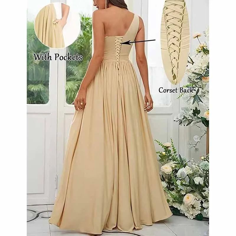 One Shoulder Bridesmaid Dresses Long A-line Pleated Chiffon Formal Dresses