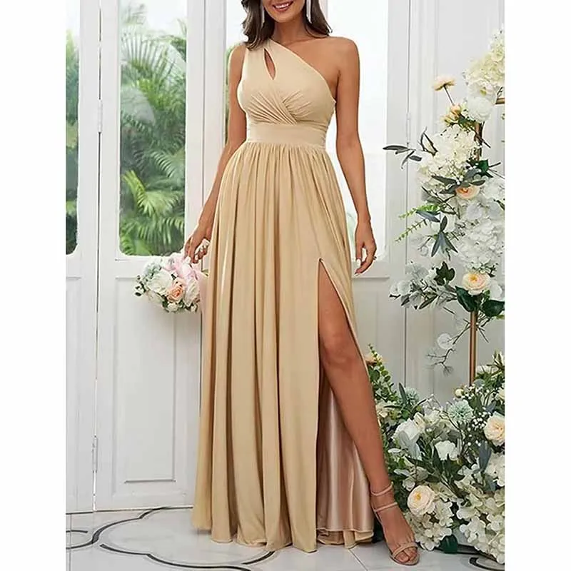 One Shoulder Bridesmaid Dresses Long A-line Pleated Chiffon Formal Dresses