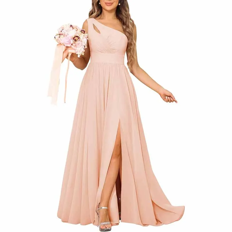 One Shoulder Bridesmaid Dresses Long A-line Pleated Chiffon Formal Dresses