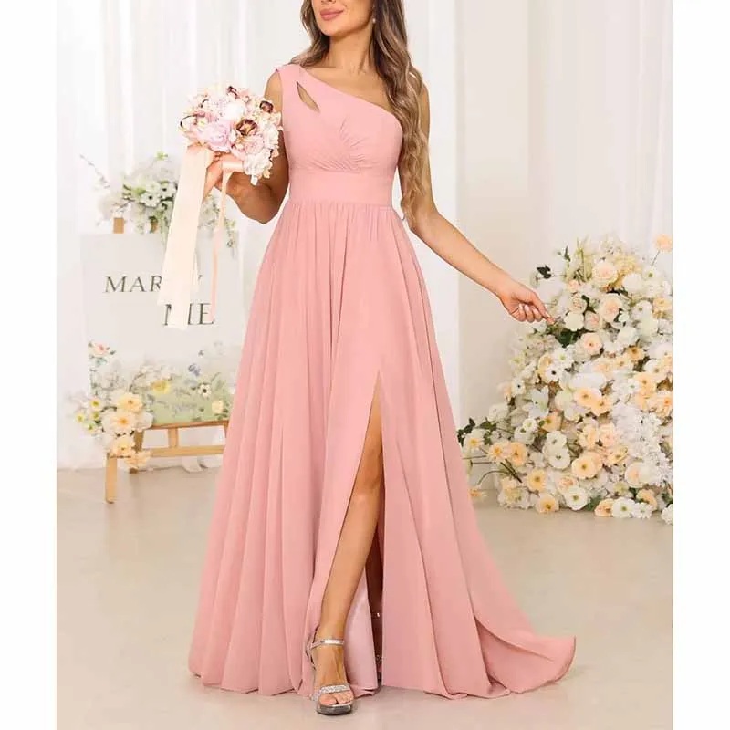 One Shoulder Bridesmaid Dresses Long A-line Pleated Chiffon Formal Dresses