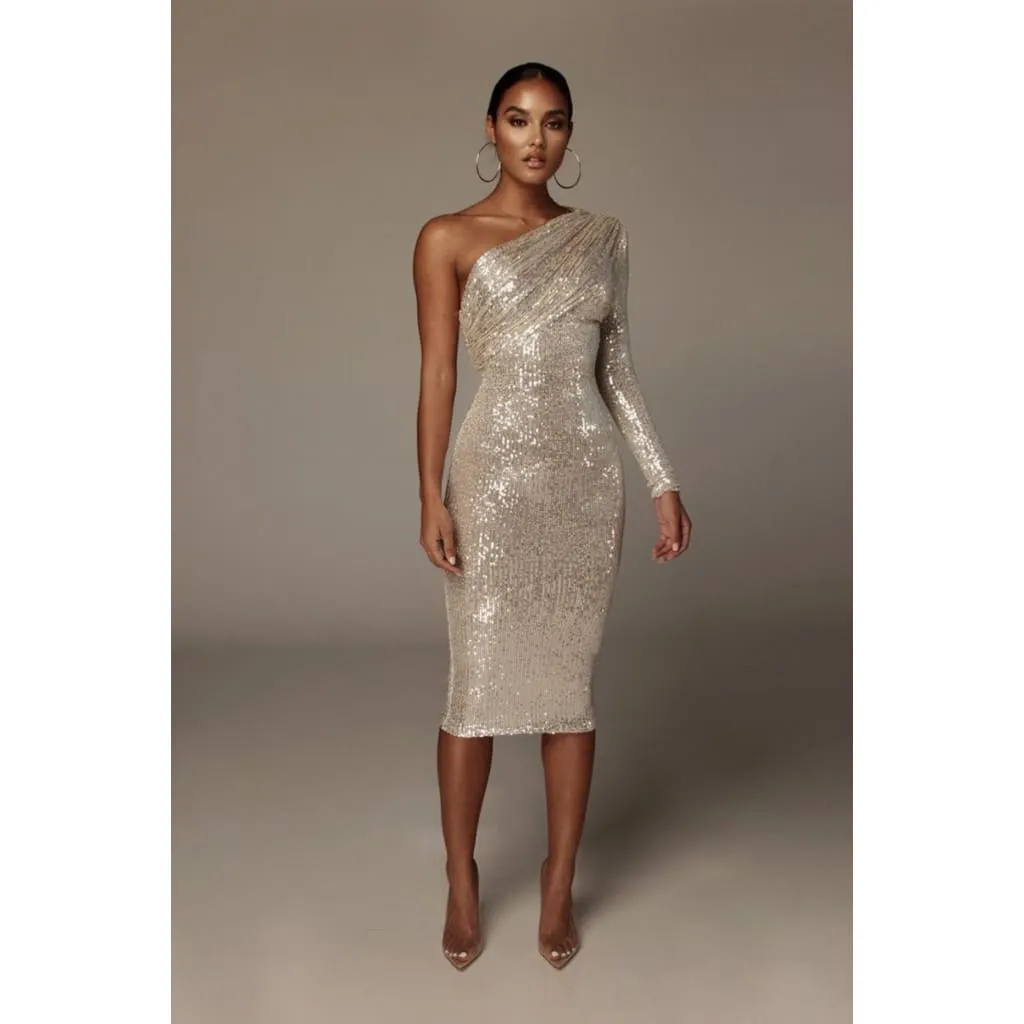 One Shoulder Draped Collar Bodycon Sequin Dress