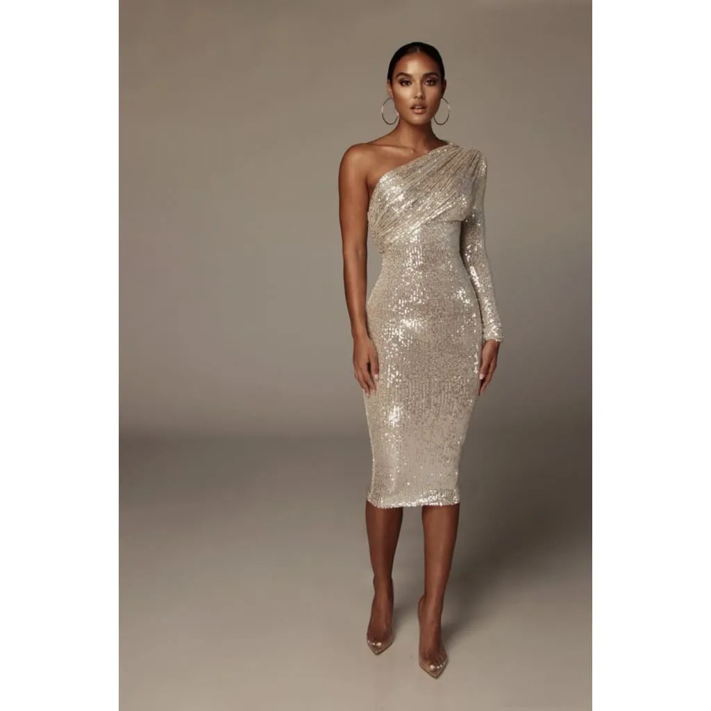 One Shoulder Draped Collar Bodycon Sequin Dress