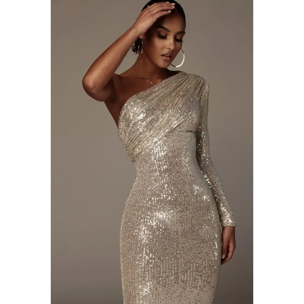 One Shoulder Draped Collar Bodycon Sequin Dress