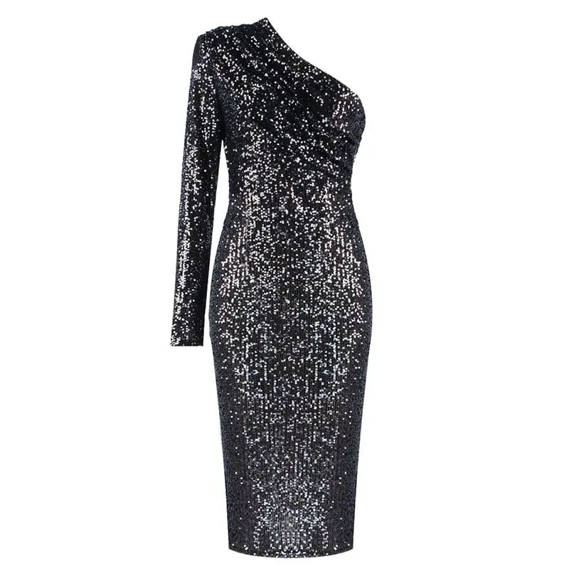 One Shoulder Draped Collar Bodycon Sequin Dress