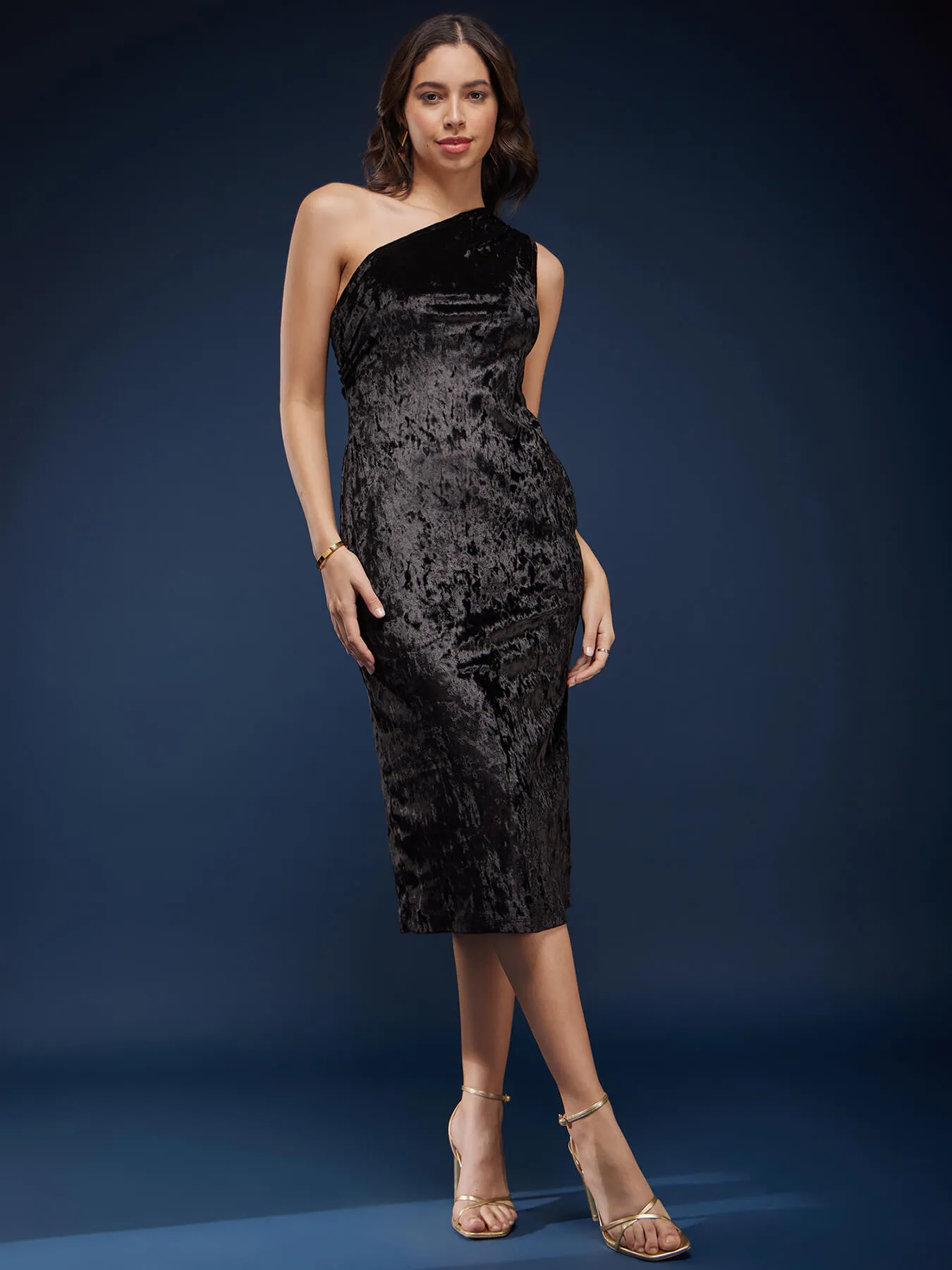 One Shoulder Velvet Dress - Black