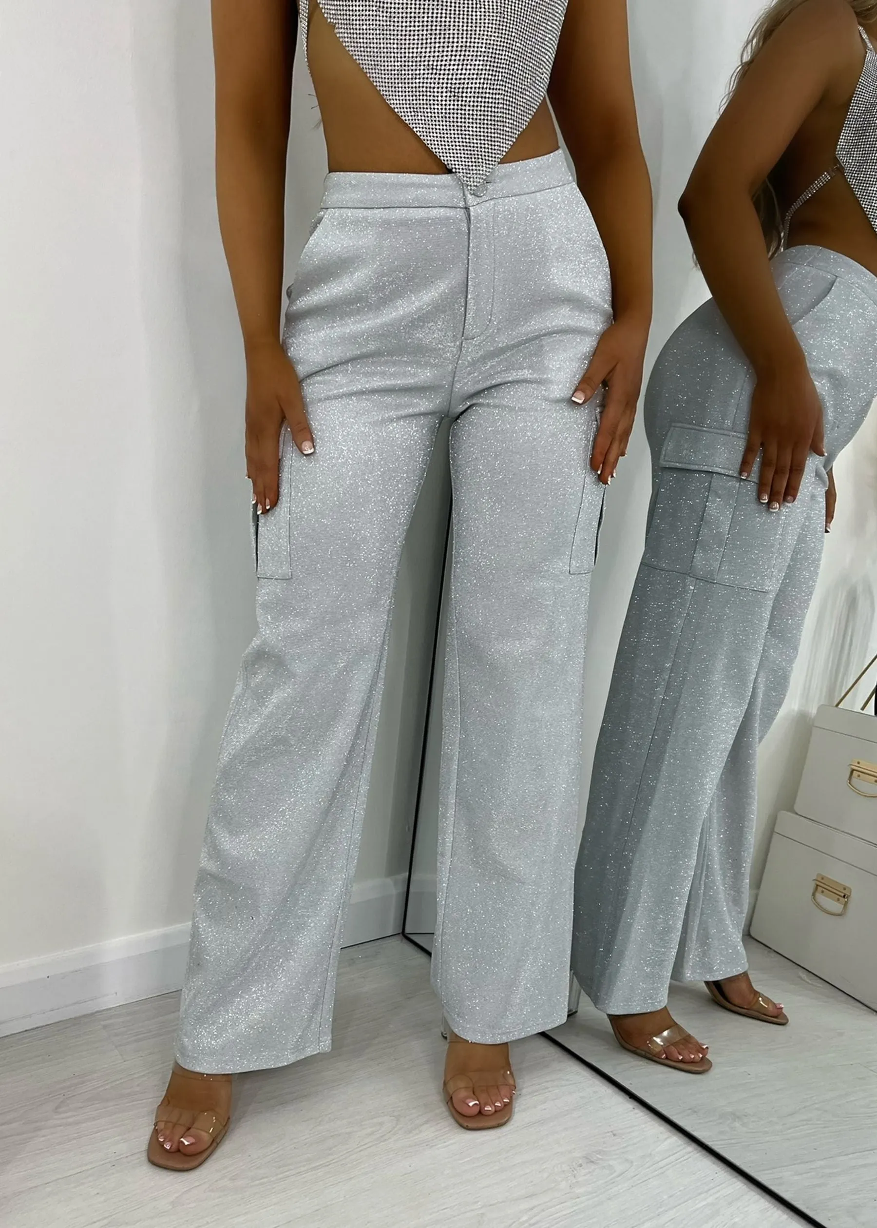 Out to Play Sparkle Cargo Pants - Silver