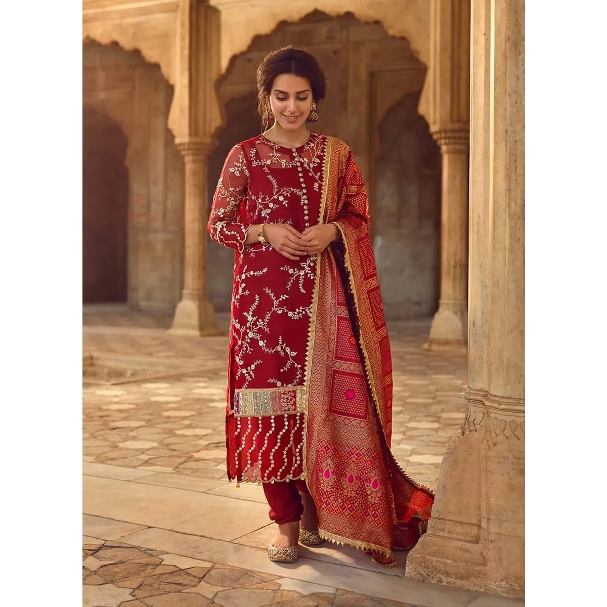 Pakistani cultural dress of deep red colour # P2623