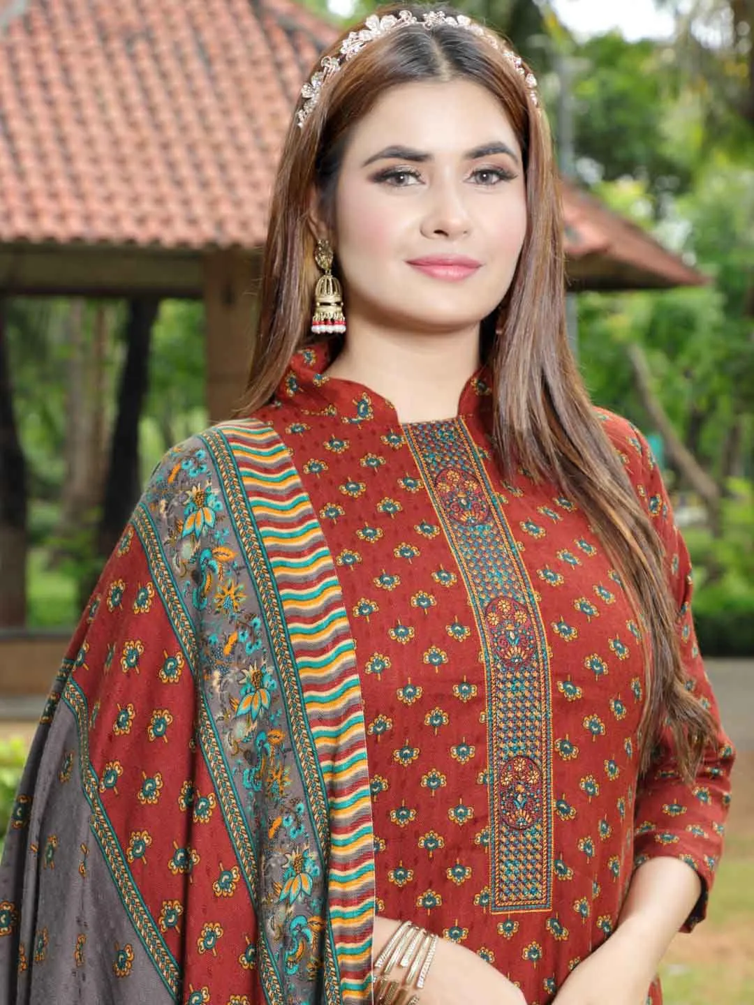 Pashmina Embroidered Rust Red Unstitched Winter Ladies Suits