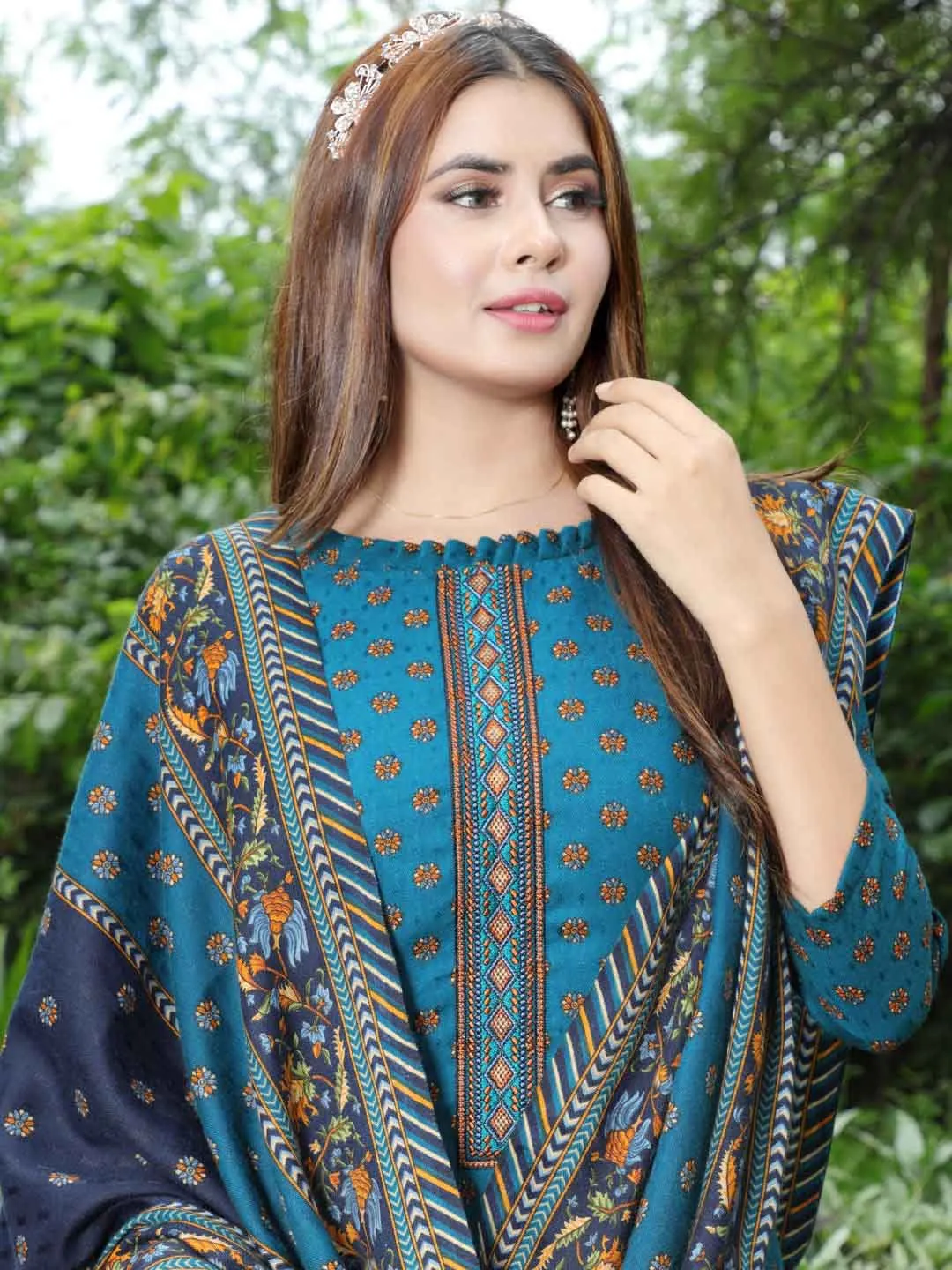 Pashmina Embroidered Teal Blue Unstitched Winter Ladies Suits