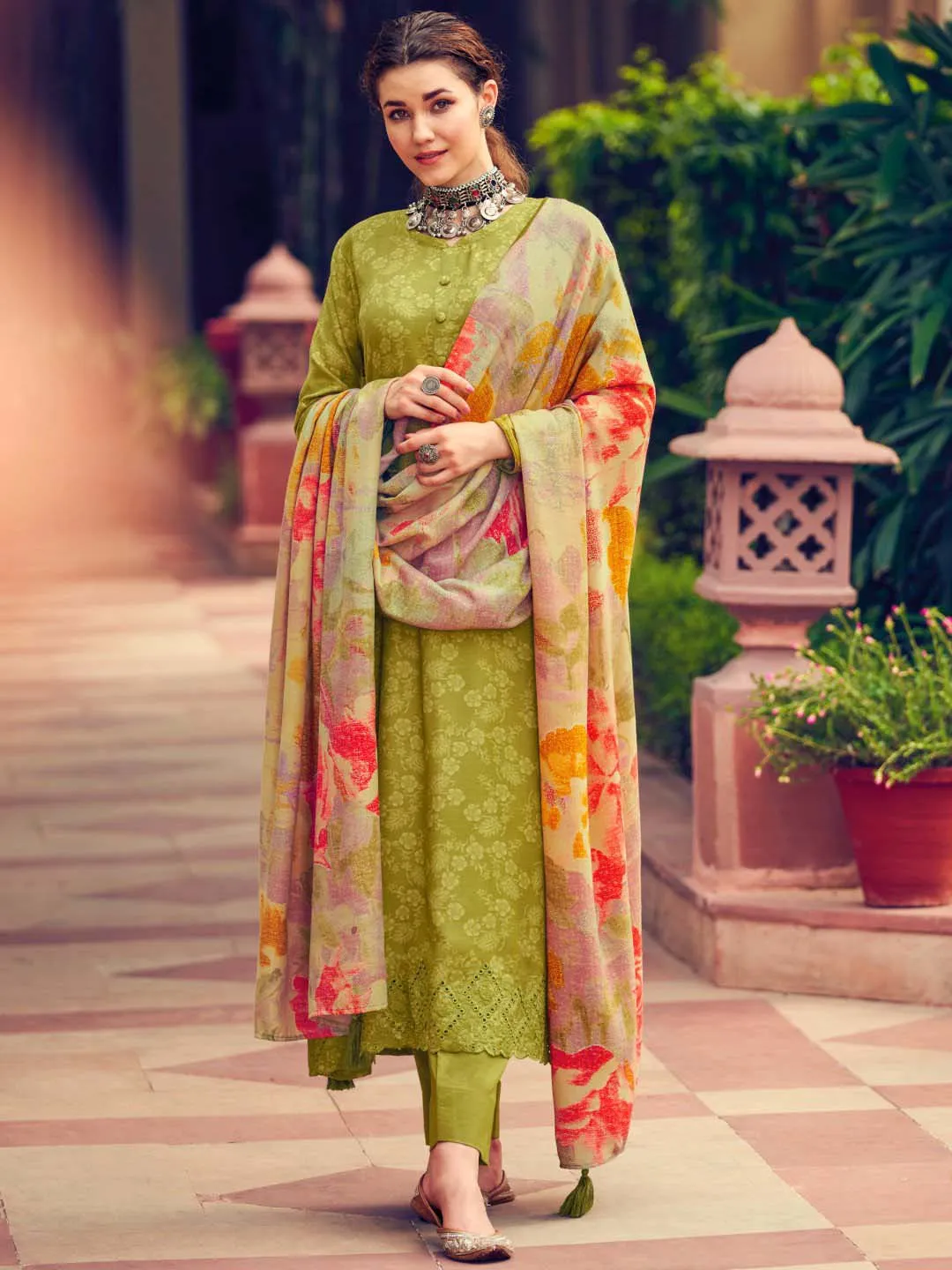 Pashmina Olive Green Embroidered Unstitched Winter Suit Set