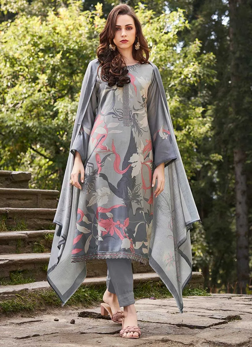 Pashmina Unstitched Grey Winter Suits Dress Material for Women