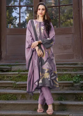 Pashmina Unstitched Purple Printed Winter Suits for Ladies