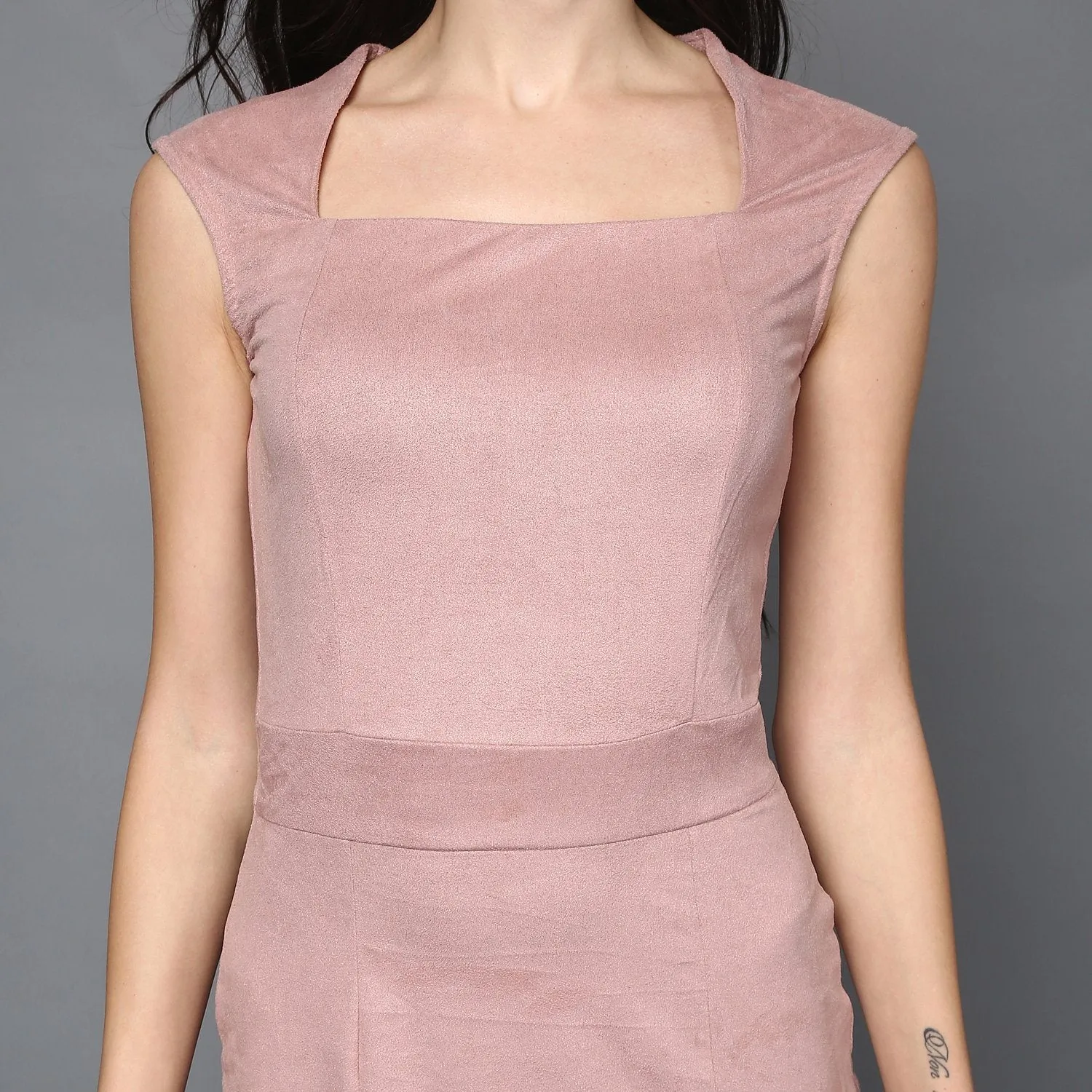 Pastel Pink Suede Midi BodyCon Dress