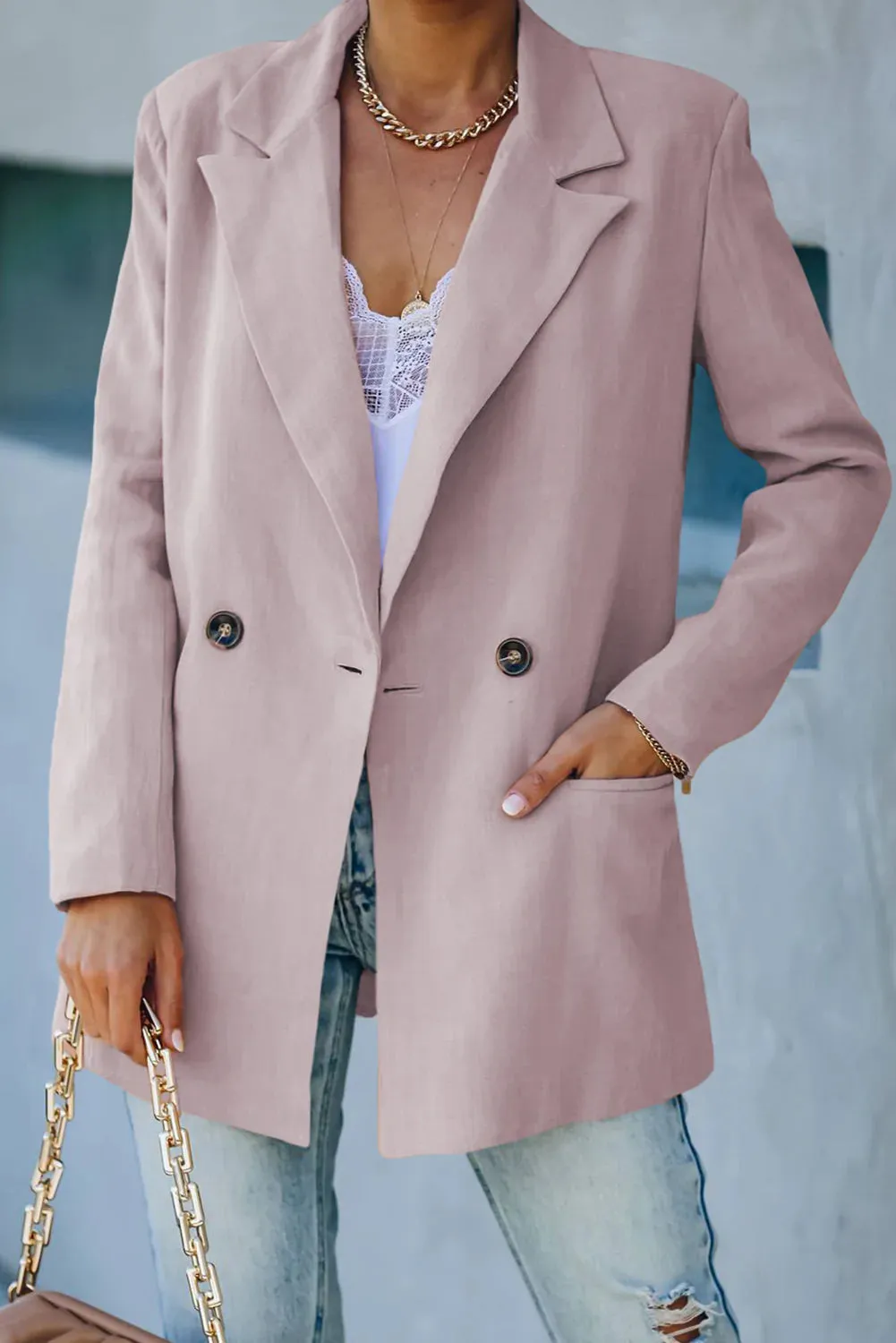 Pink Double-Breasted Padded Shoulder Blazer with Pockets