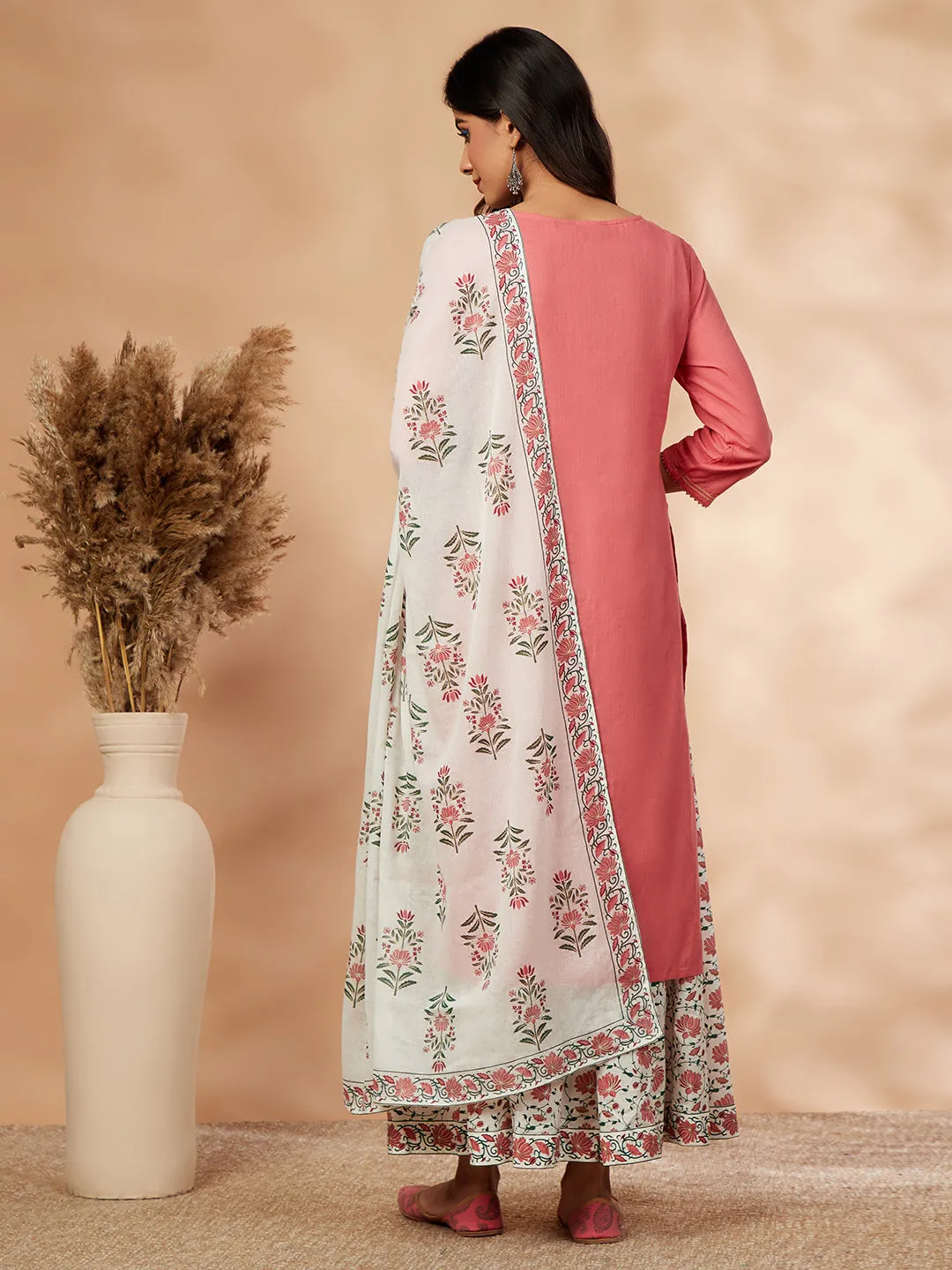 Pink Floral Print Straight Kurta with Palazzo with Dupatta