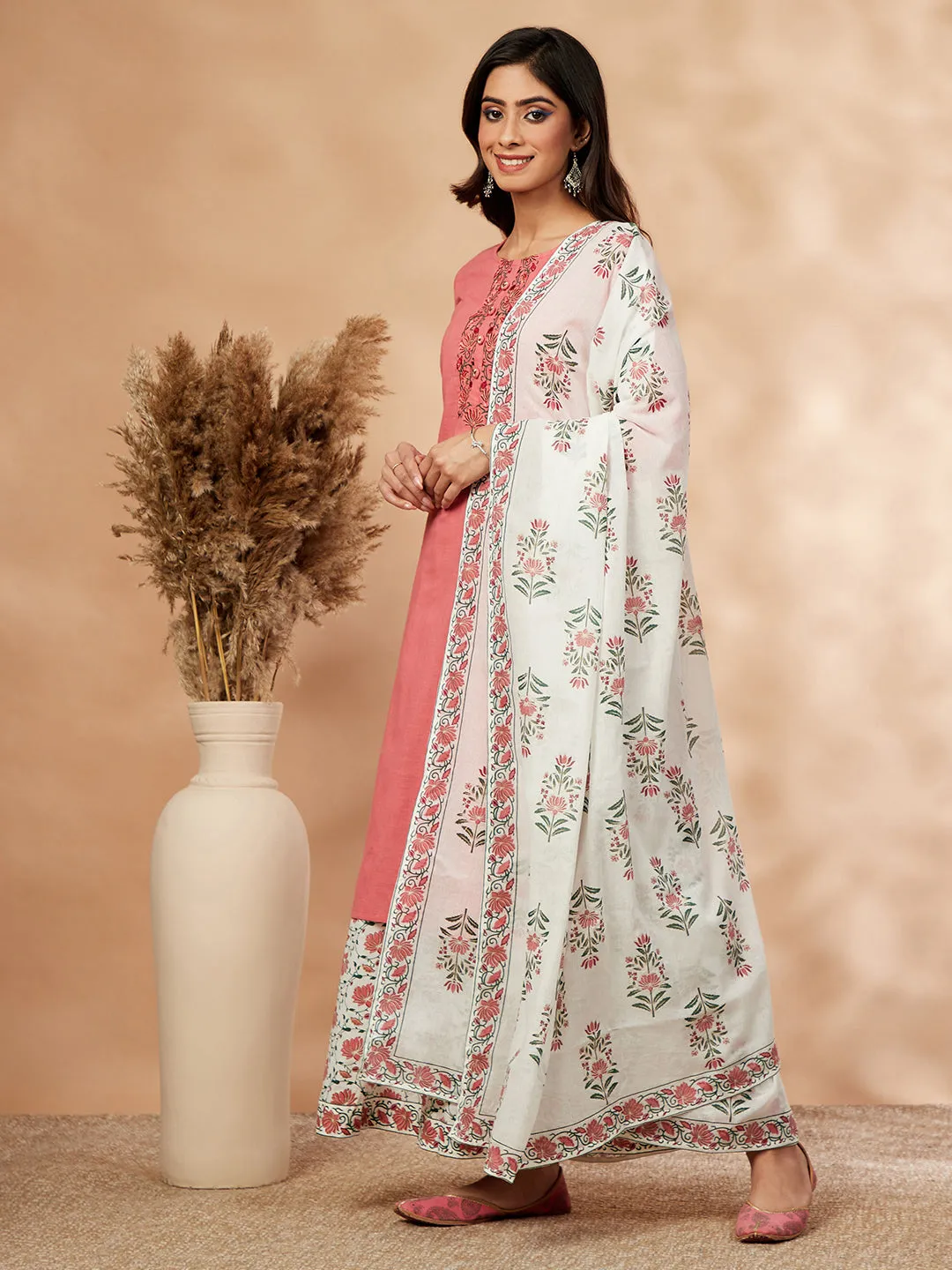 Pink Floral Print Straight Kurta with Palazzo with Dupatta