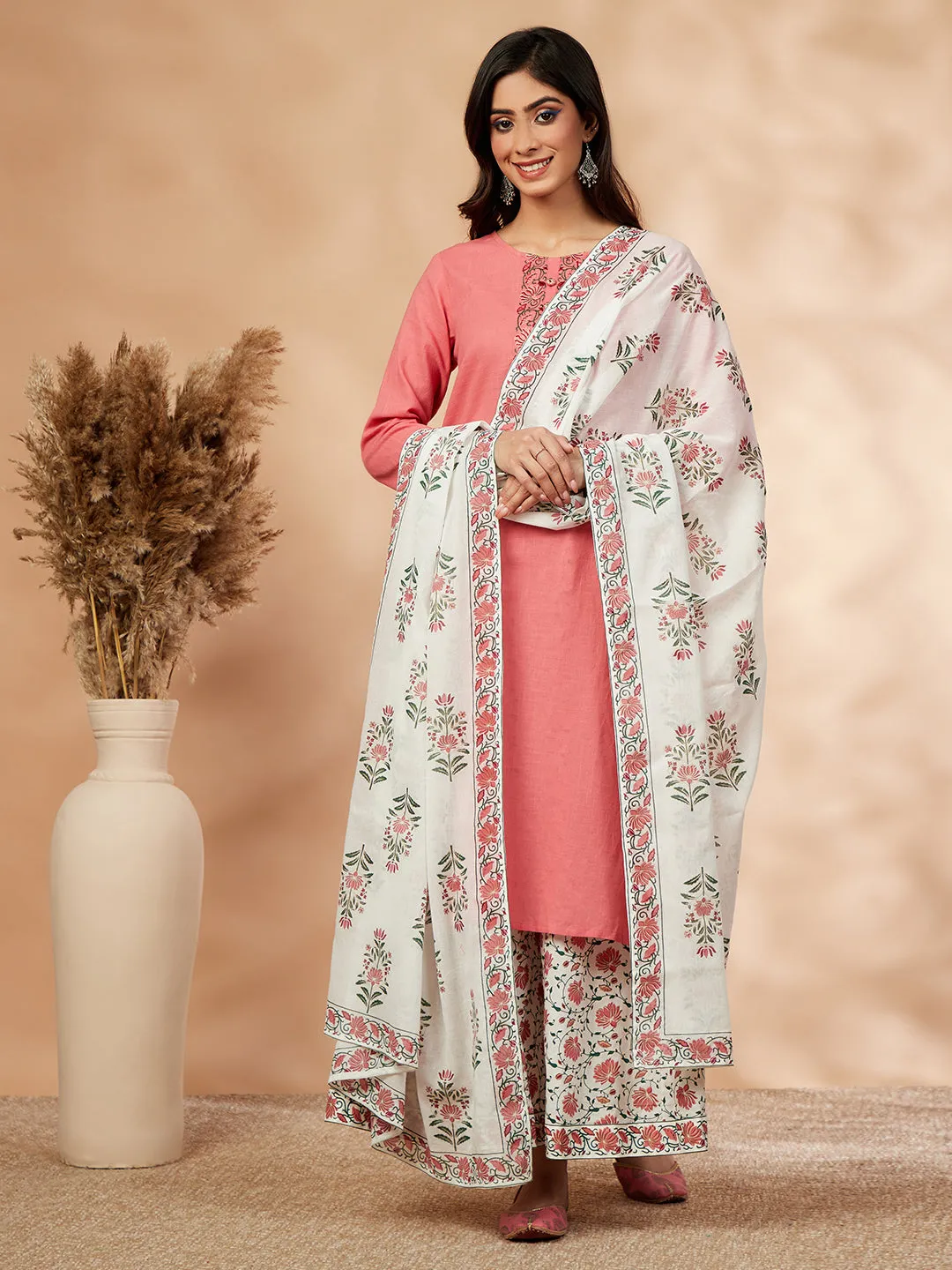 Pink Floral Print Straight Kurta with Palazzo with Dupatta