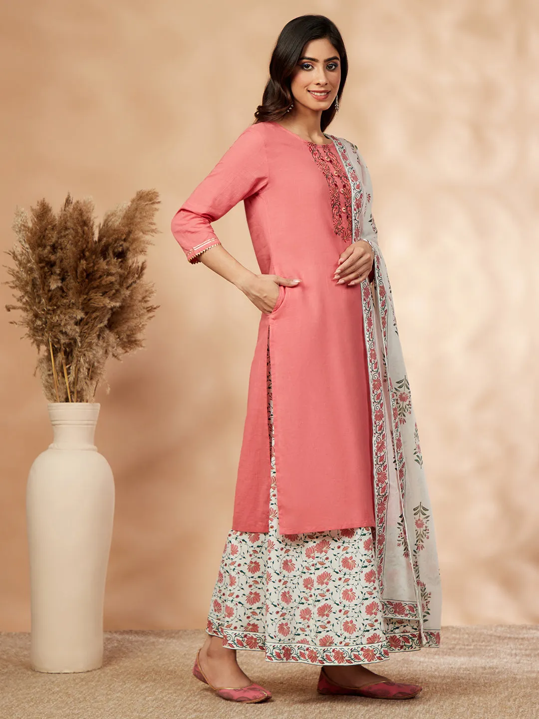 Pink Floral Print Straight Kurta with Palazzo with Dupatta