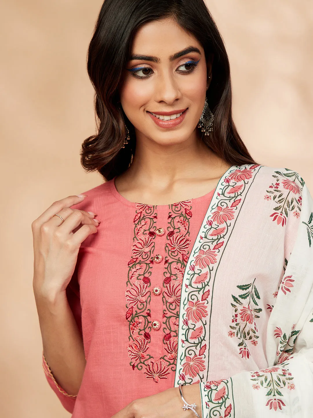 Pink Floral Print Straight Kurta with Palazzo with Dupatta