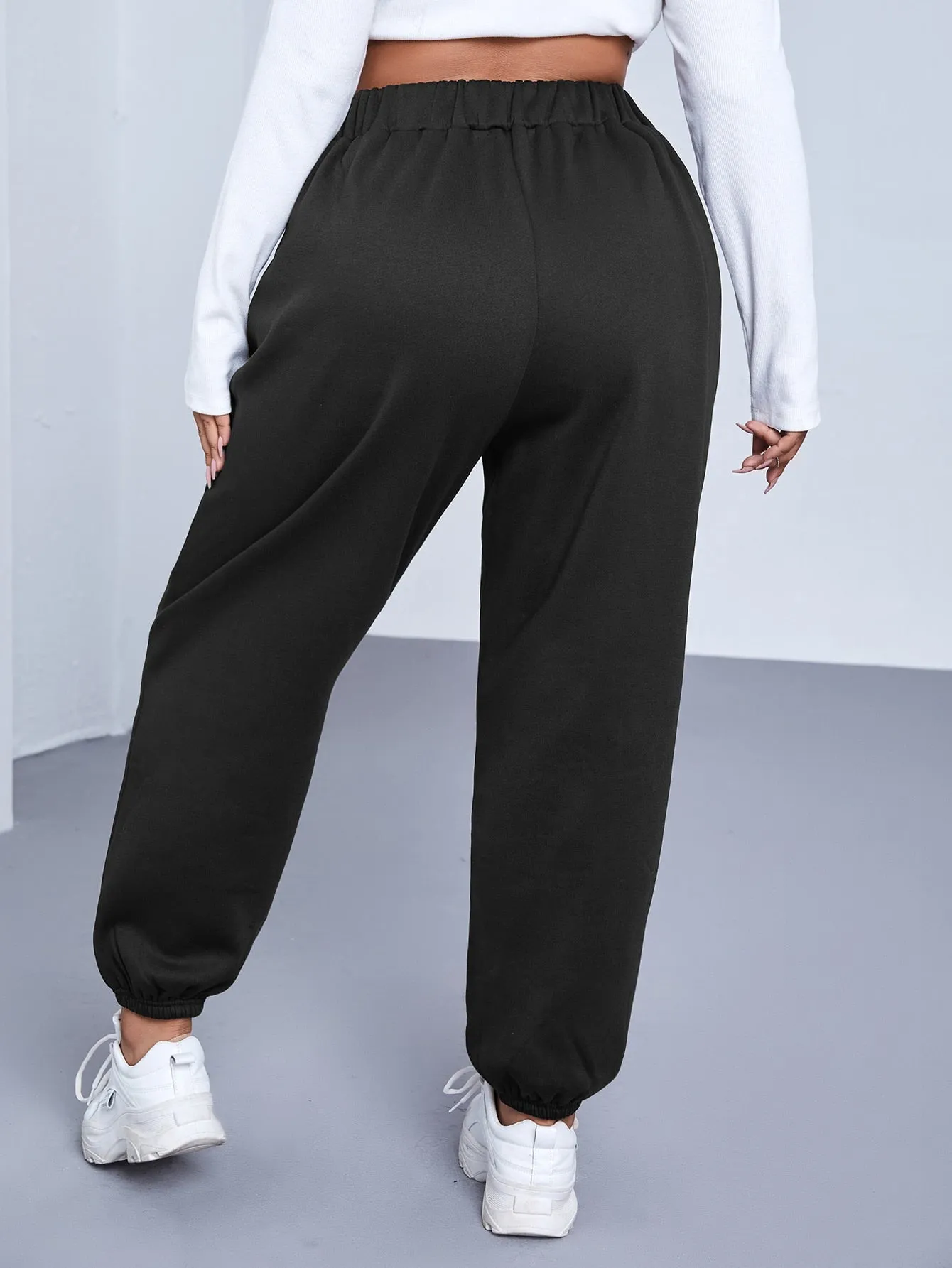 Plain Drawstring High Waist Cropped Plus Size Sweatpants