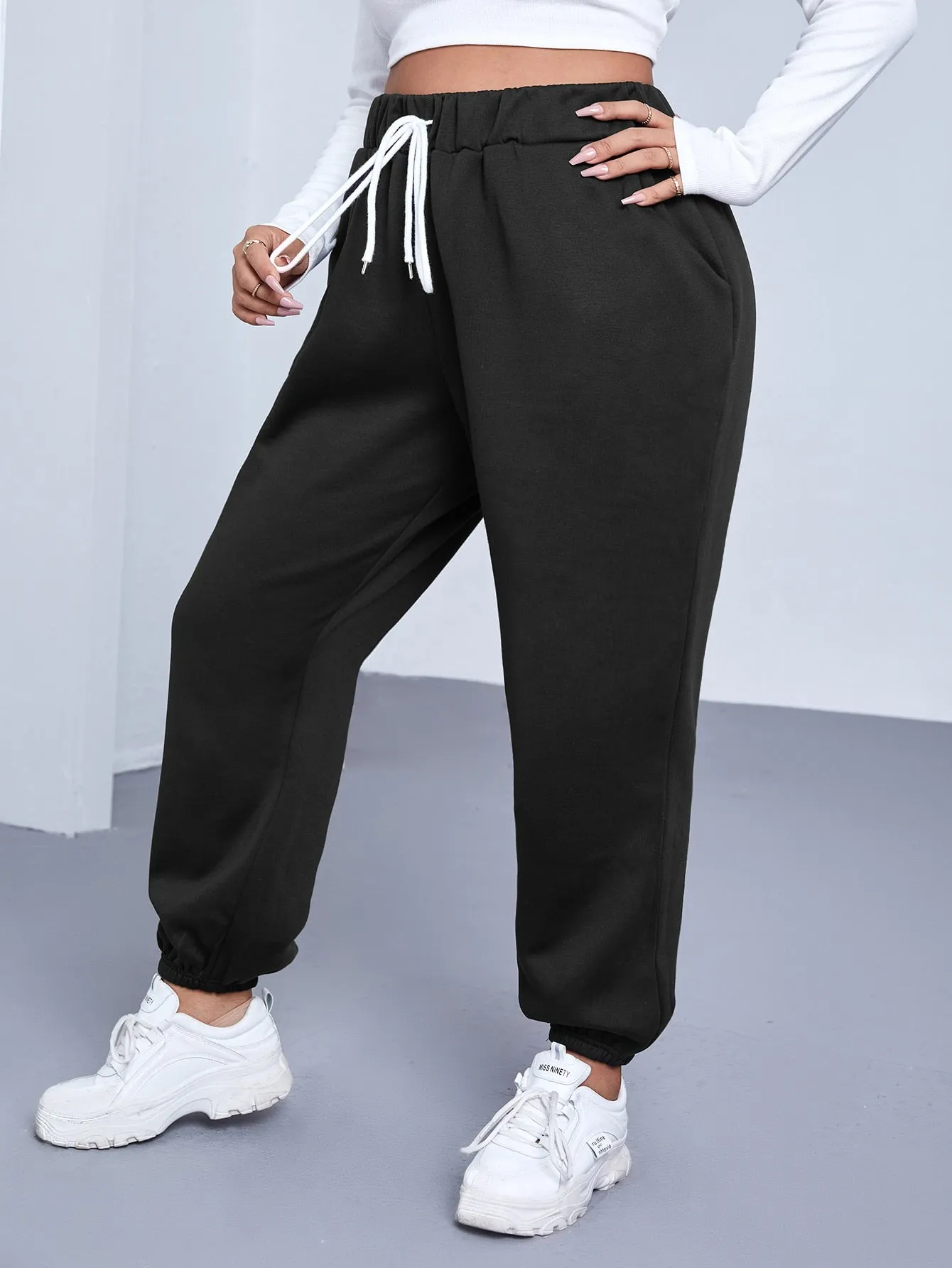 Plain Drawstring High Waist Cropped Plus Size Sweatpants