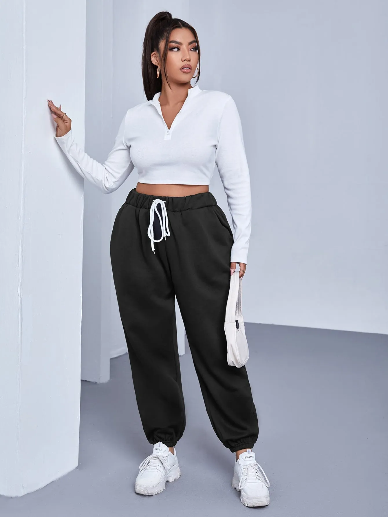 Plain Drawstring High Waist Cropped Plus Size Sweatpants