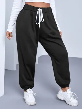 Plain Drawstring High Waist Cropped Plus Size Sweatpants