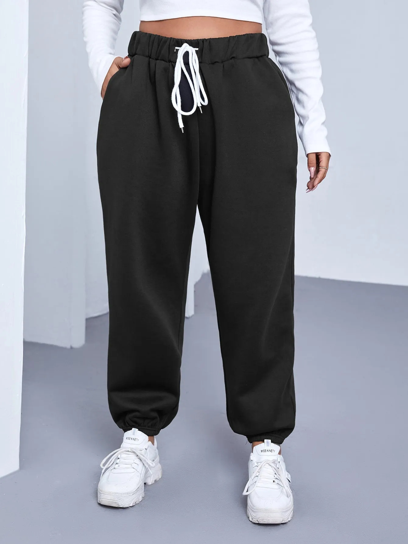 Plain Drawstring High Waist Cropped Plus Size Sweatpants