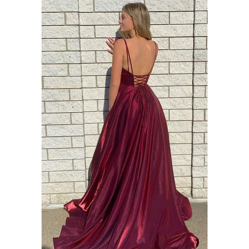 Plunging V-neck High Split Burgundy Prom Dress with Pockets