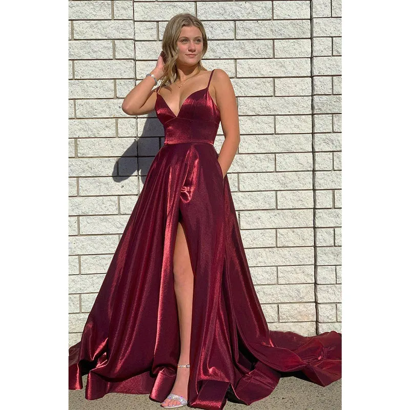 Plunging V-neck High Split Burgundy Prom Dress with Pockets