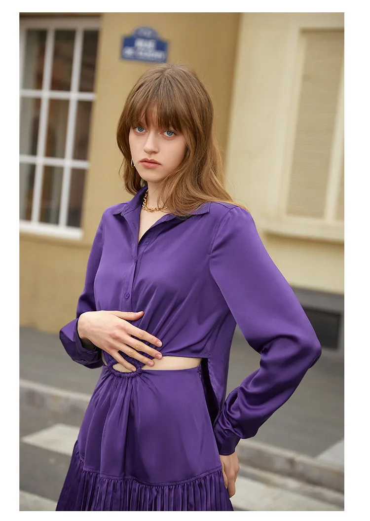 Polo collar satin long sleeve and short skirt dress- Clima