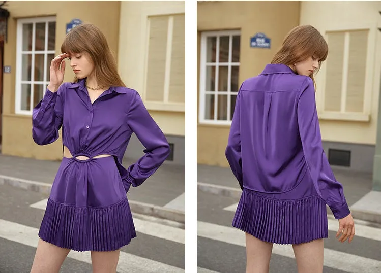 Polo collar satin long sleeve and short skirt dress- Clima