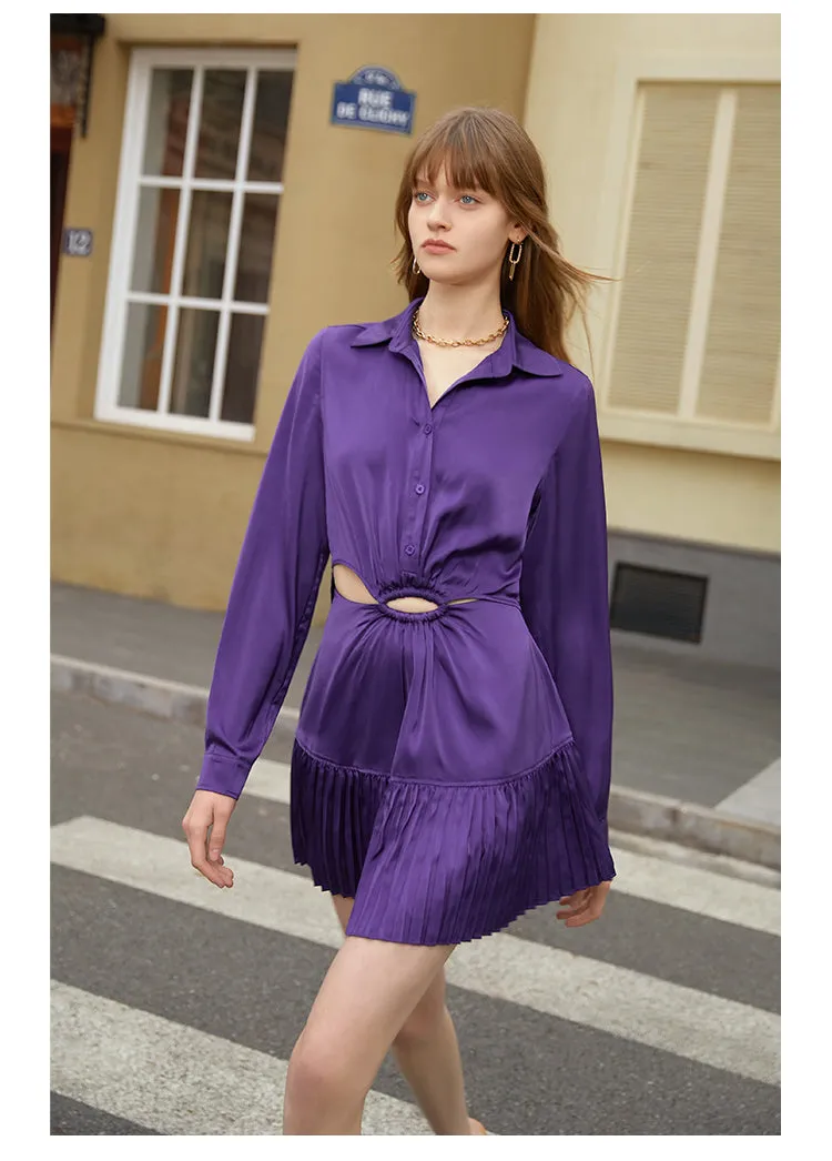 Polo collar satin long sleeve and short skirt dress- Clima