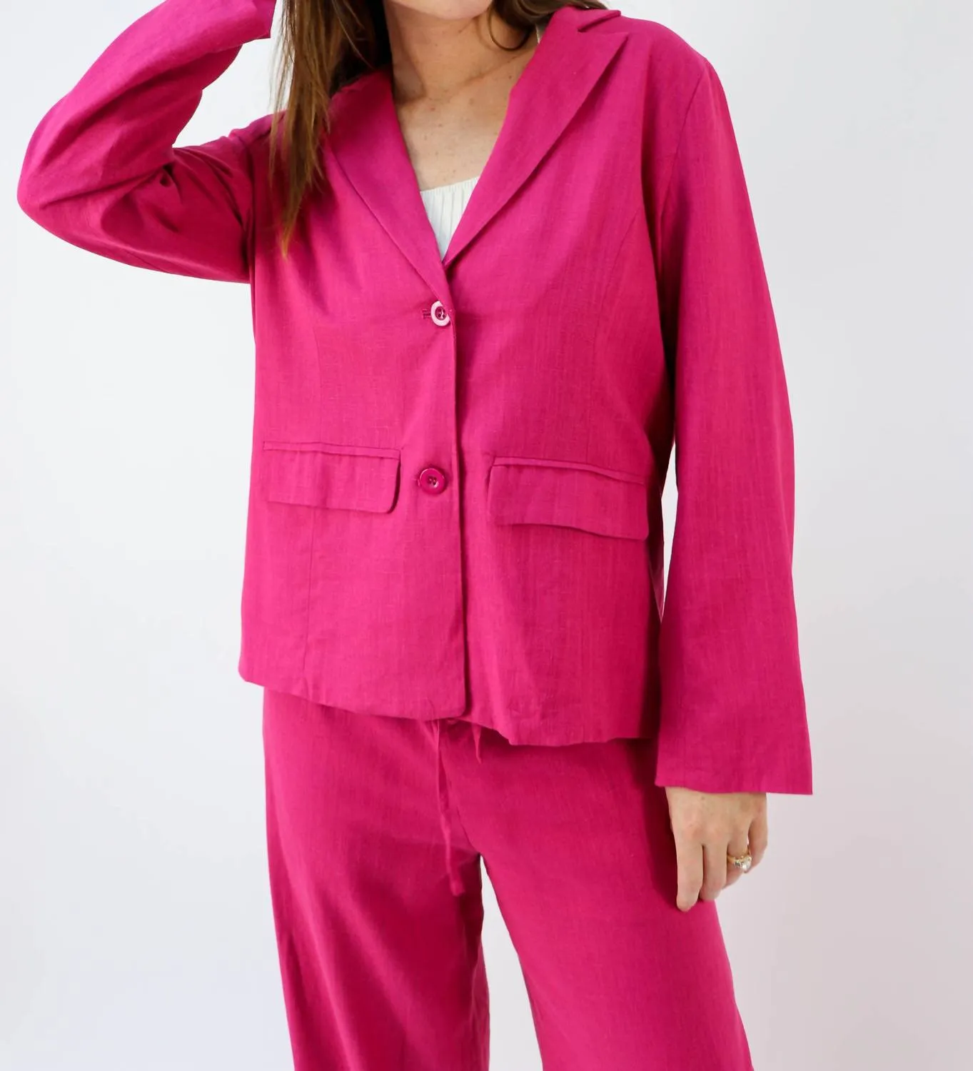 Power Move Linen Blazer in Magenta