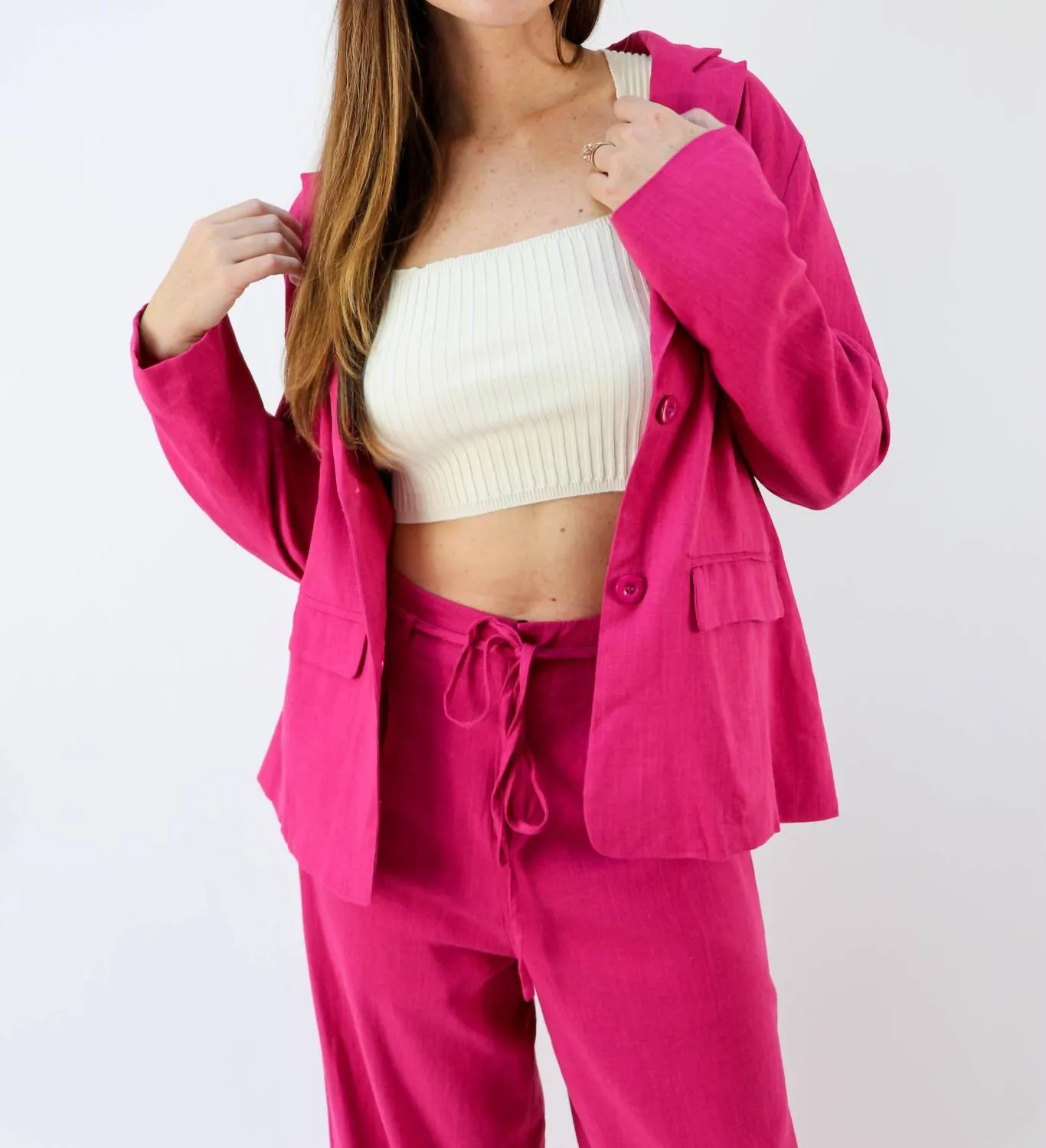 Power Move Linen Blazer in Magenta