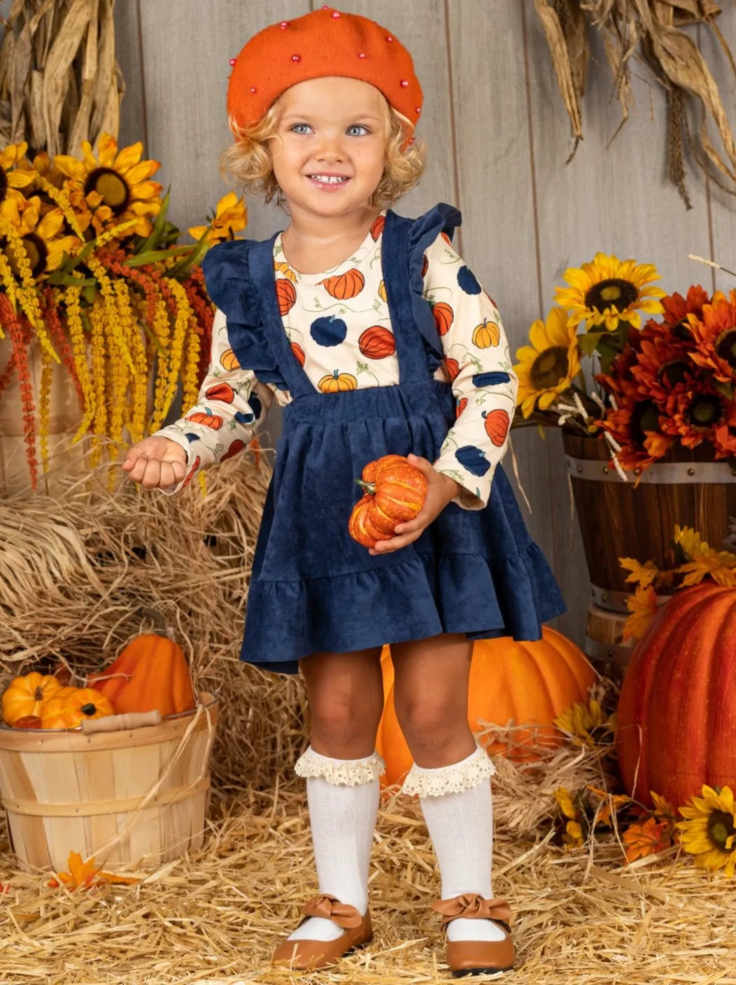 Precious Pumpkin Velvet Overall Skirt Set