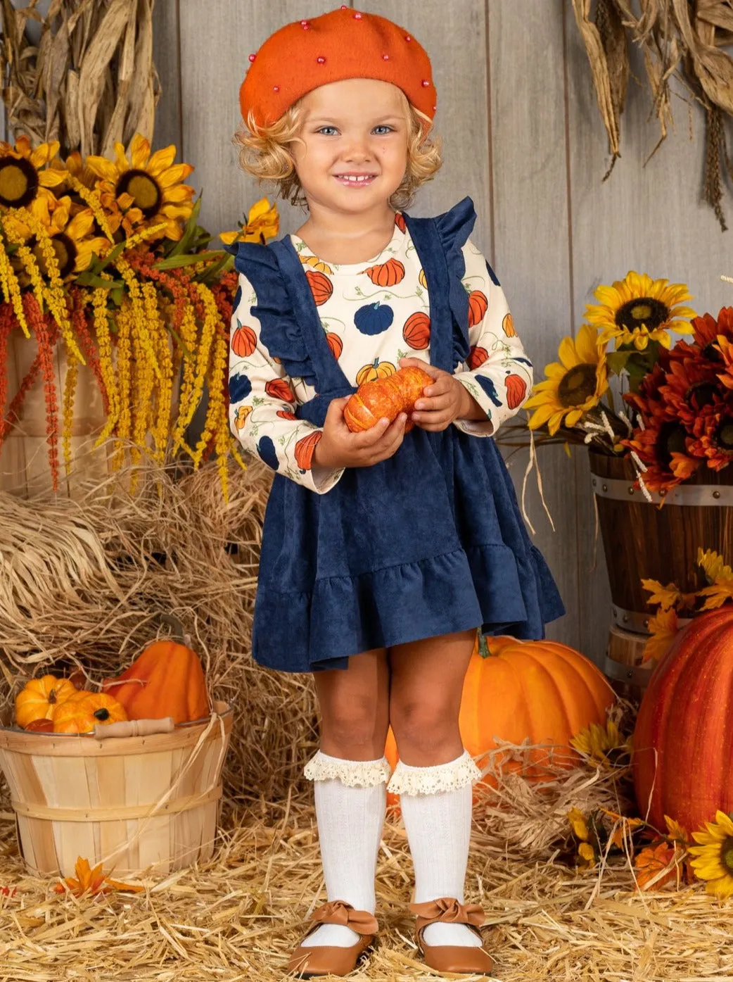 Precious Pumpkin Velvet Overall Skirt Set