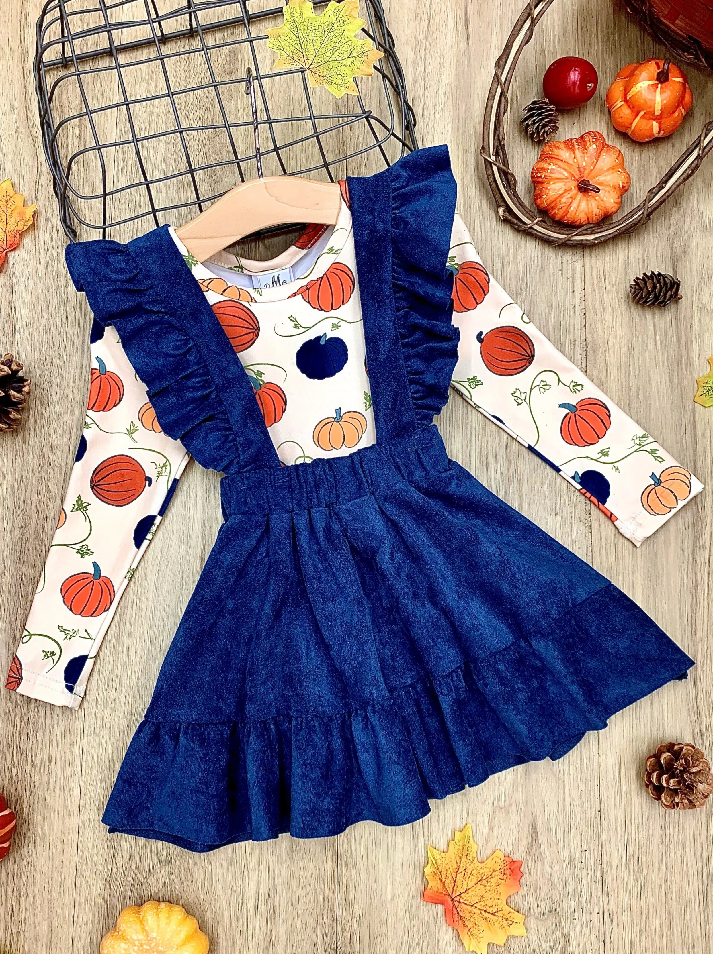 Precious Pumpkin Velvet Overall Skirt Set