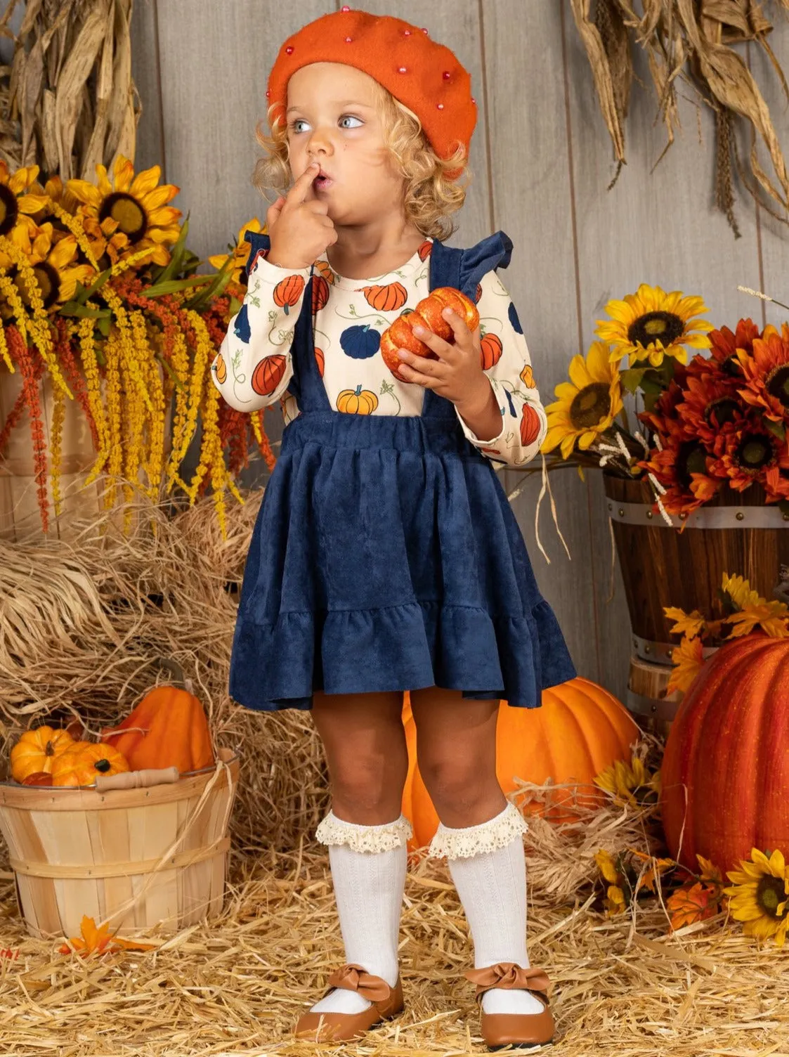 Precious Pumpkin Velvet Overall Skirt Set